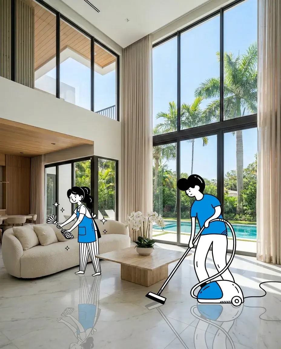 Two Bubble's Sparkle cleaners drawn in line art vacuuming the marble floor and arranging sofa cushions in a luxury South Florida living room with a pool and palm tree view